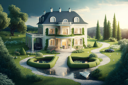 3d rendering of a beautiful house in the garden at sunset.の素材