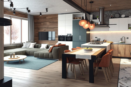 3d rendering luxury modern kitchen and dining room in loft style with wooden wallの素材