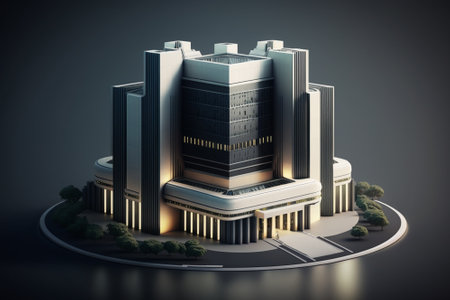 3D render of a modern city building on a gray background.の素材