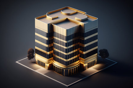 Gold building on a dark background. 3D rendering. Virtual reality.の素材