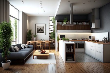 3d Illustration of white modern kitchen in a loft with a beautiful designの素材