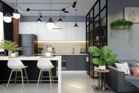 Interior of modern kitchen with grey walls, tiled floor, gray countertops and white cupboards. 3d renderingの素材