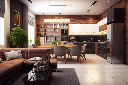 3d rendering of modern kitchen and dining room with wooden wall.の素材
