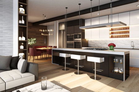 3d Illustration of white modern kitchen in a house with a beautiful designの素材