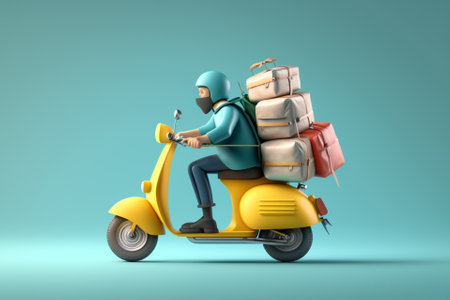 A delivery man rides a scooter with a lot of luggage. 3d renderingの素材