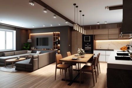 3d rendering luxury modern kitchen and dining room in house with wooden floorの素材