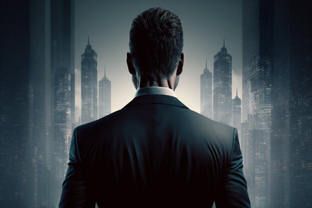 Back view of young businessman looking at modern skyscrapers on backgroundの素材