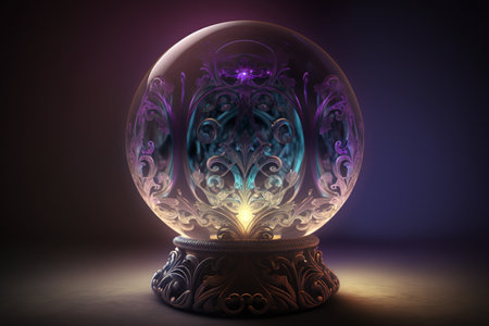 Crystal ball with floral pattern on dark background. 3D illustration.の素材