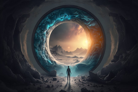 Man looking out of a hole in the ice. 3D renderingの素材