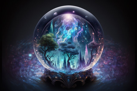 Crystal ball with magic forest inside. 3D rendering, 3D illustration.の素材
