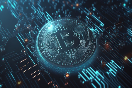Abstract 3D rendering of digital bitcoin. Cryptocurrency concept.の素材