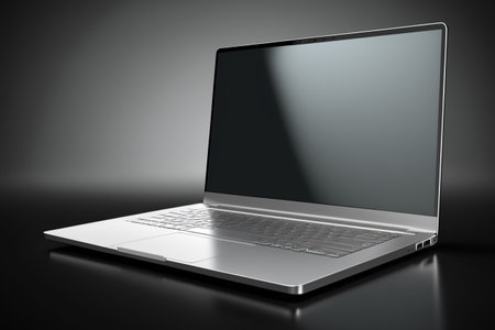 Laptop with blank screen isolated on black background. 3d renderの素材