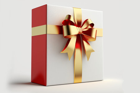 White gift box with red ribbon and golden bow. 3D renderingの素材