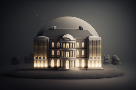 3d rendering of old school building in a dark foggy nightの素材