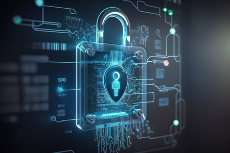 Cyber security concept with padlock on circuit board. 3D Renderingの素材