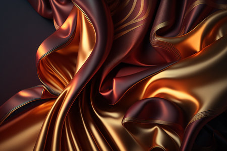 Closeup of rippled golden silk fabric. 3d render illustrationの素材