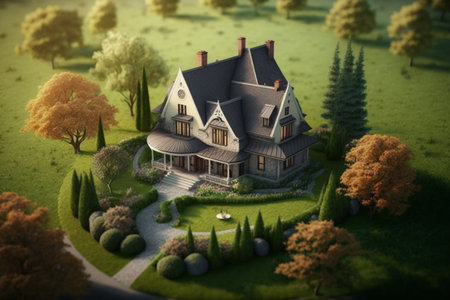 3d rendering of a country house in the middle of the forestの素材