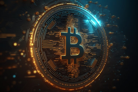 Bitcoin cryptocurrency symbol on circuit board background. Cryptocurrency concept. 3D Renderingの素材