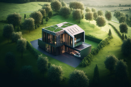 3d rendering of modern cozy house on the hill with garage and pool for sale or rent with beautiful landscaping on background. Clear summer evening with cozy light from window.の素材