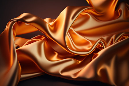 Closeup of rippled orange satin fabric on dark backgroundの素材