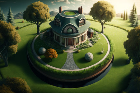 3d render of a beautiful house on a green meadow.の素材