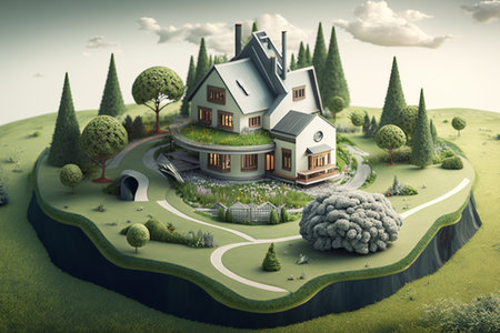 3d render of a fantasy house on the hill with trees and bushesの素材