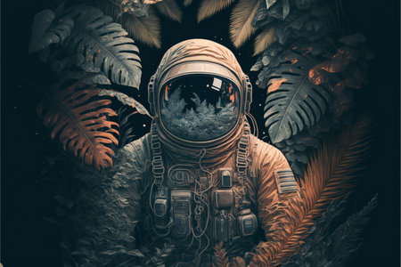 Astronaut in outer space surrounded by tropical plants. 3D renderingの素材