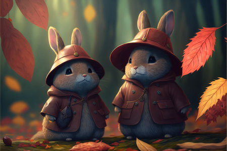 Two cute bunnies in autumn forest. 3D rendering.の素材