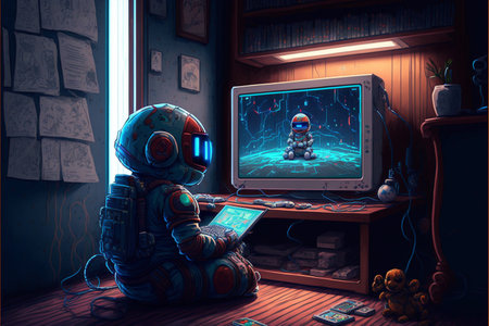 Astronaut sitting in the room with a computer. 3d renderingの素材