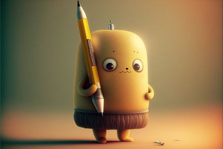 Cute cartoon monster with pencils. 3d render illustration.の素材