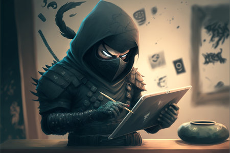 Ninja with a tablet computer in his hands. 3d renderingの素材
