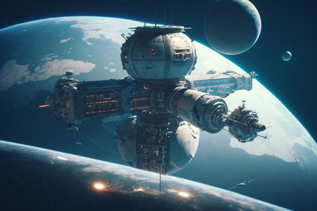space station on the background of the planet. 3d rendering.の素材