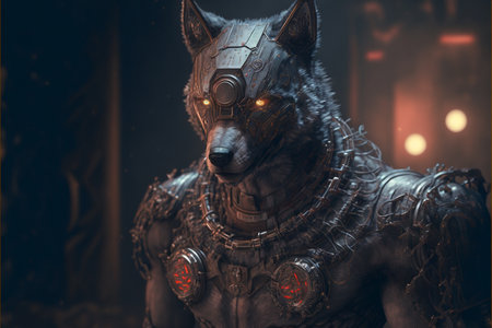 Portrait of a wolf in armor on a dark background. 3d rendering.の素材