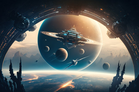 Spaceship in space, planets and stars. 3D renderingの素材