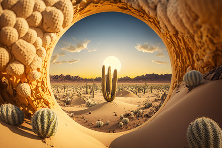 Cactuses in the desert at sunset. 3D illustration.の素材