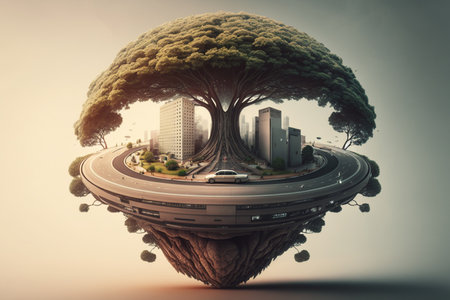 3d rendering of a futuristic city in the form of a treeの素材