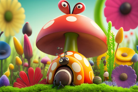 ladybug and mushroom in the garden - 3d rendered illustrationの素材