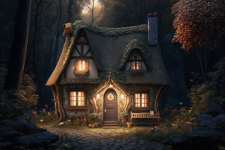 3D rendering of a fairy tale house in the forest at nightの素材