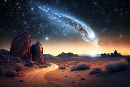 Fantasy landscape with road and milky way. 3d renderingの素材