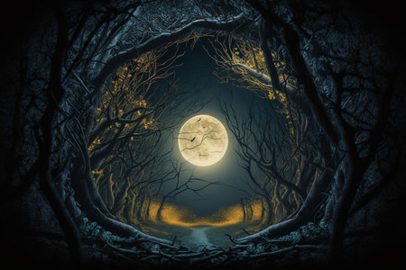 Halloween background with full moon in dark forest. 3D renderingの素材