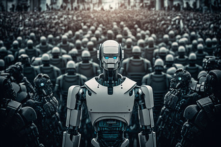 Robot and crowd of people in a big city. 3D rendering.の素材