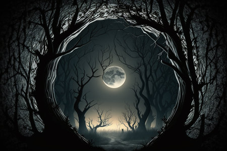 Halloween background with full moon in dark forest. 3D renderingの素材