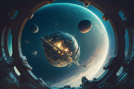 Astronaut and planets in space. Science fiction wallpaper. 3D renderingの素材
