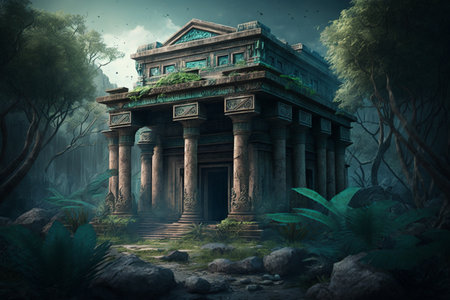 Ancient temple in the jungle. Digital painting. 3D illustration.の素材