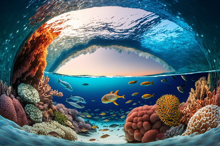 Underwater world with corals and tropical fish. 3d renderの素材