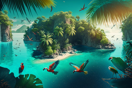 Beautiful tropical island with palms and parrots. 3d renderの素材