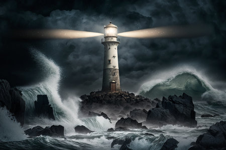 Lighthouse on stormy sea background. 3d render illustration.の素材