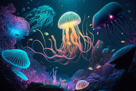 Underwater world. Jellyfish and marine life. Vector illustration.の素材