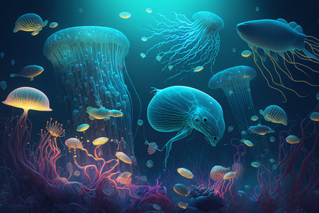 Jellyfish and jellyfish in the ocean. Vector illustration.の素材