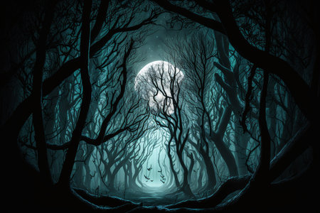 Halloween background with full moon in dark forest. 3D renderingの素材